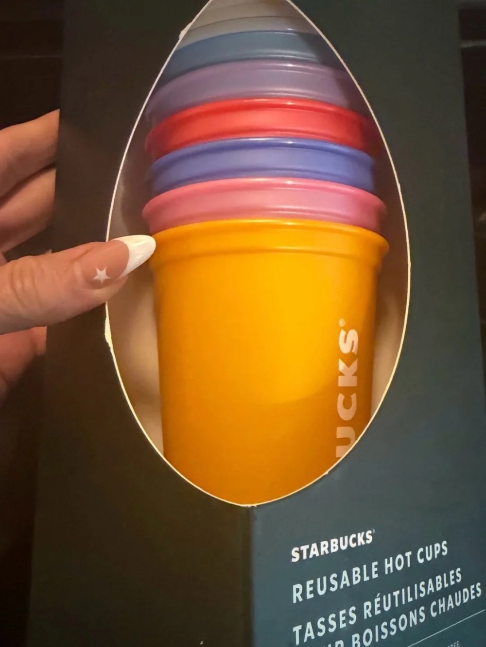 Brand new Starbucks Bright Yellow and Pastel Stackable 6 Reusable Cups w/lids